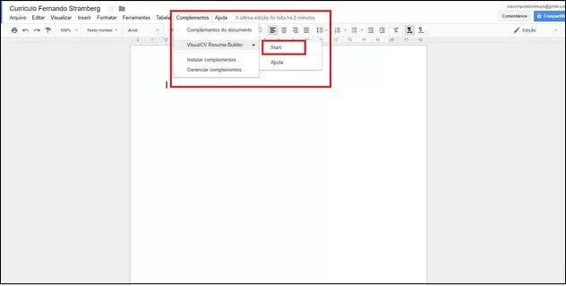 Criando e editando currículos no Google Docs