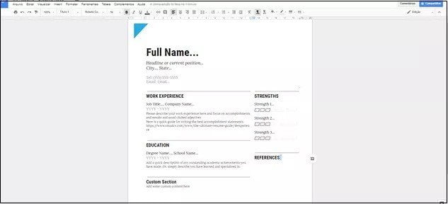 Criando e editando currículos no Google Docs