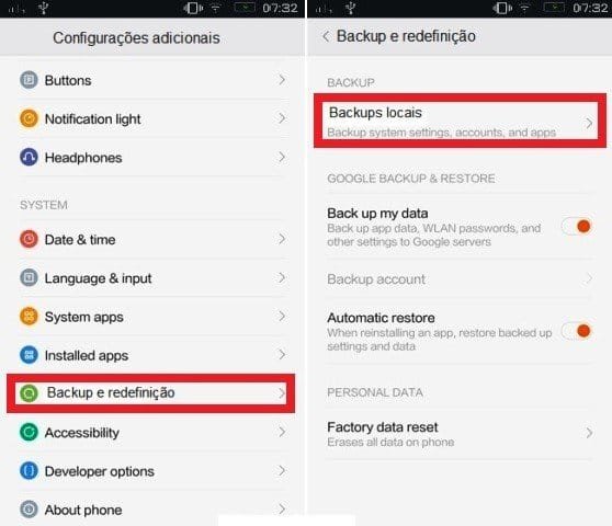 Fazendo um backup no celular Xiaomi.