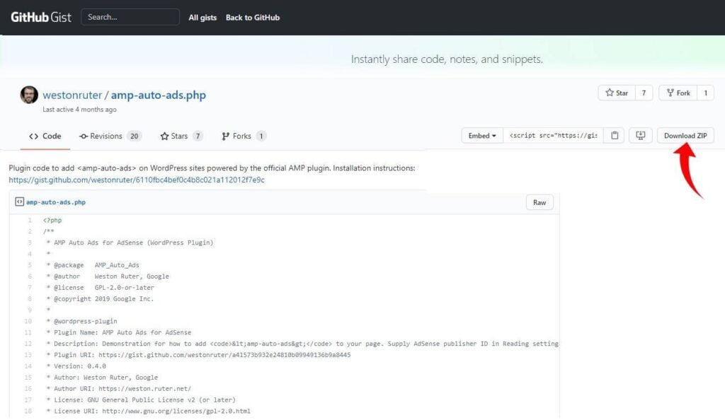 Página de download plugin amp auto ads no Github