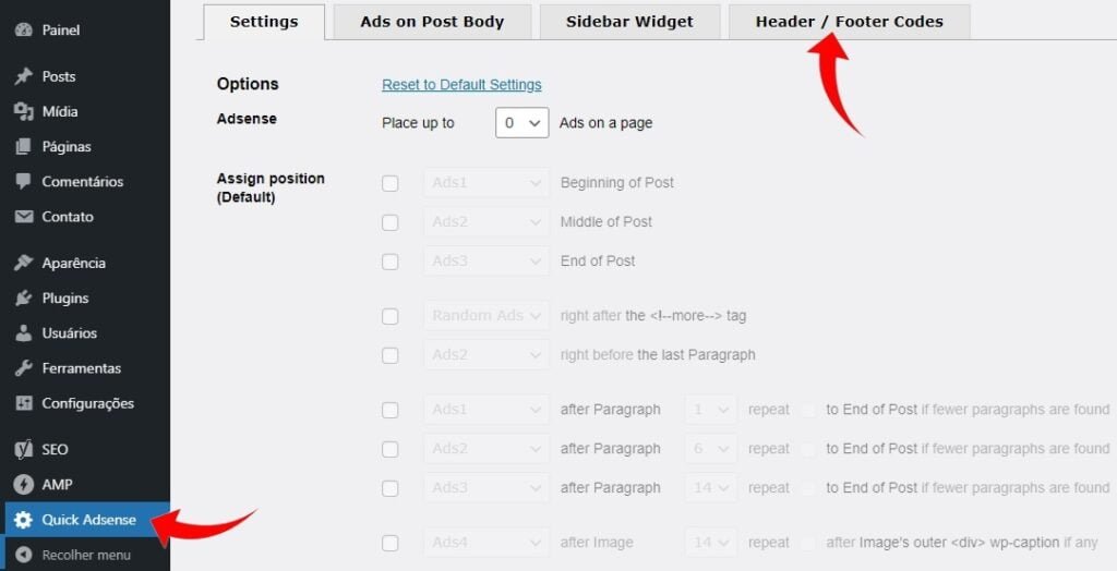 Aba header e footer plugin Quick Adsense