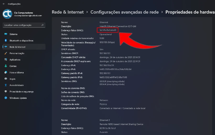 Localizando o endereço MAC pelas configurações