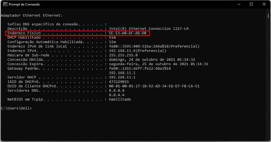 Usando o Prompt de Comando para localizar o endereço MAC