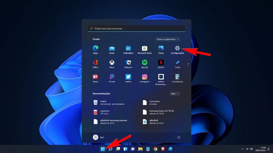 Menu iniciar e ícone configurações do Windows 11.