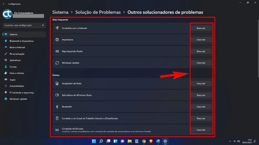 Executando solucionador de problemas do Windows 11.