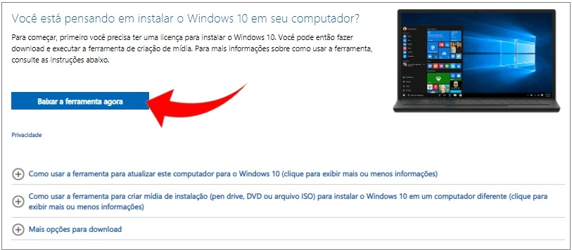 Retornar para o Windows 10 usando a ferramenta de atualização