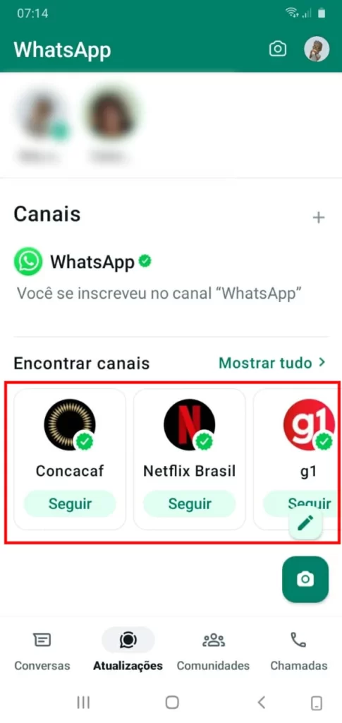 Encontrando a seção de Canais no WhatsApp.