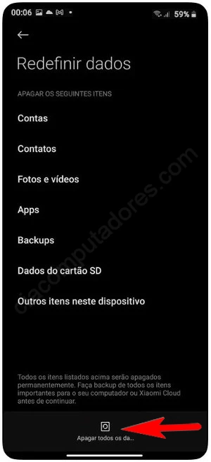 Formatando o Xiaomi 13 Lite 5G através do menu Configurações.