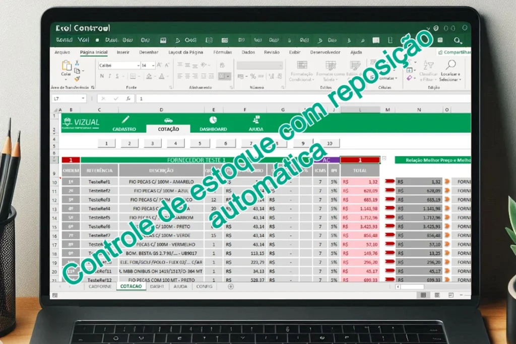 Planilha de controle de estoque com reposição automática.