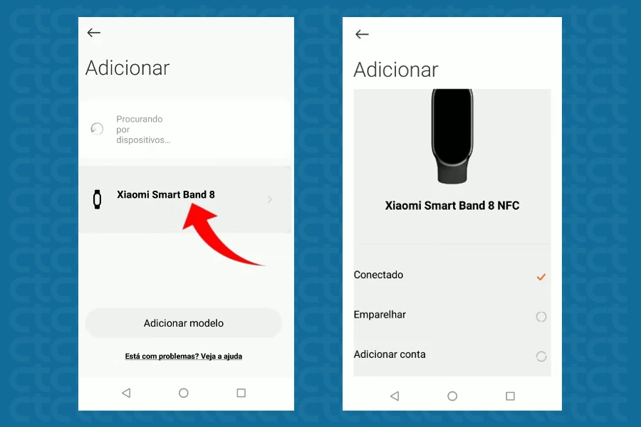 Emparelhando a Xiaomi Smart Band 8 com o celular ou tablet.